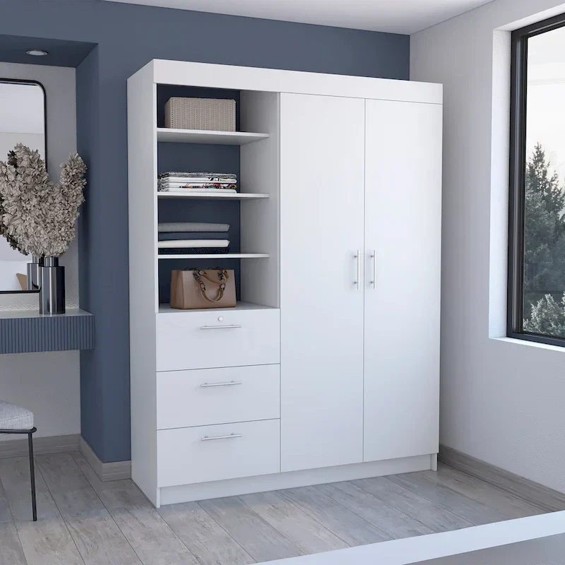 Kenya 3-Drawer Armoire with 3 Upper Shelves, 2 Hangers, Metal Handles, White - N/A