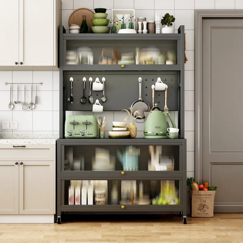 Grey Rolling Kitchen Storage Cabinet with Microwave Shelf & Double Doors – Single User