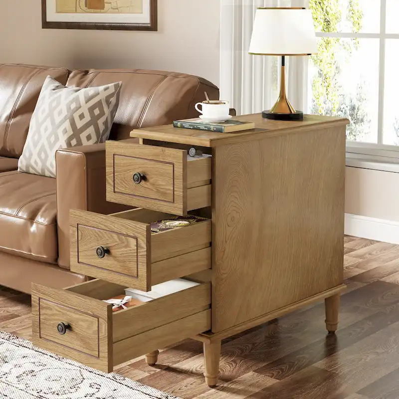 Solid Wood End Table with 3 Drawers, Fully Assembled Narrow Side Table