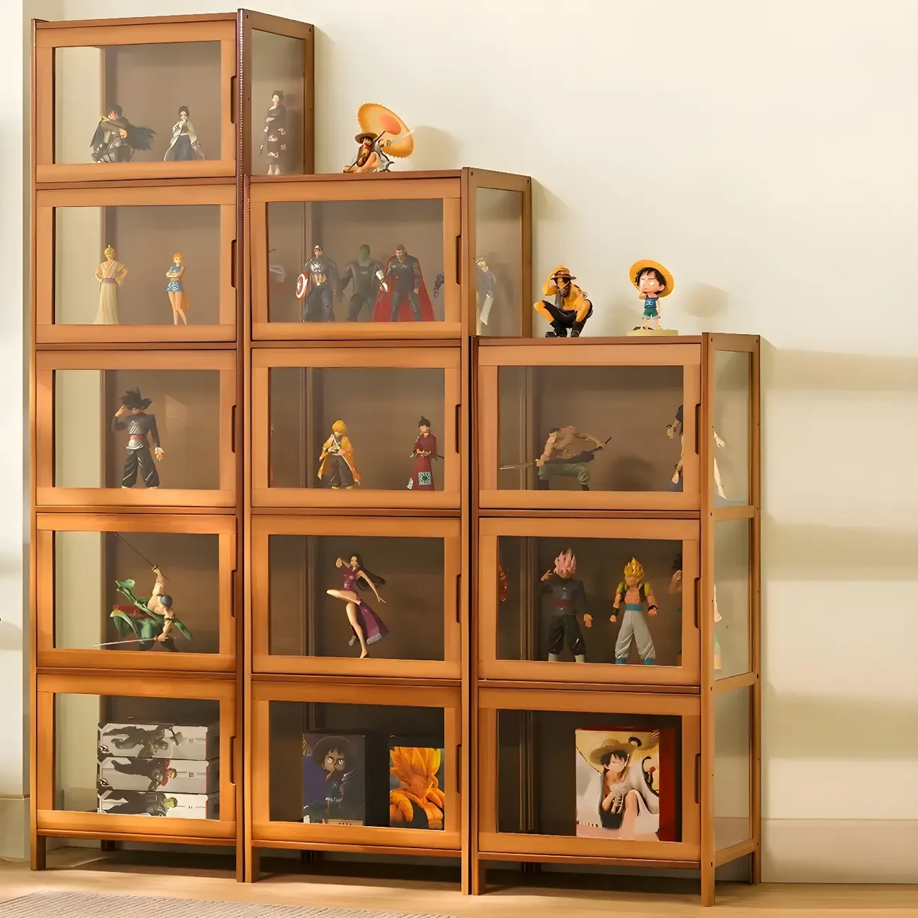 Modern Bamboo Tall Curio Cabinet with Glass Doors