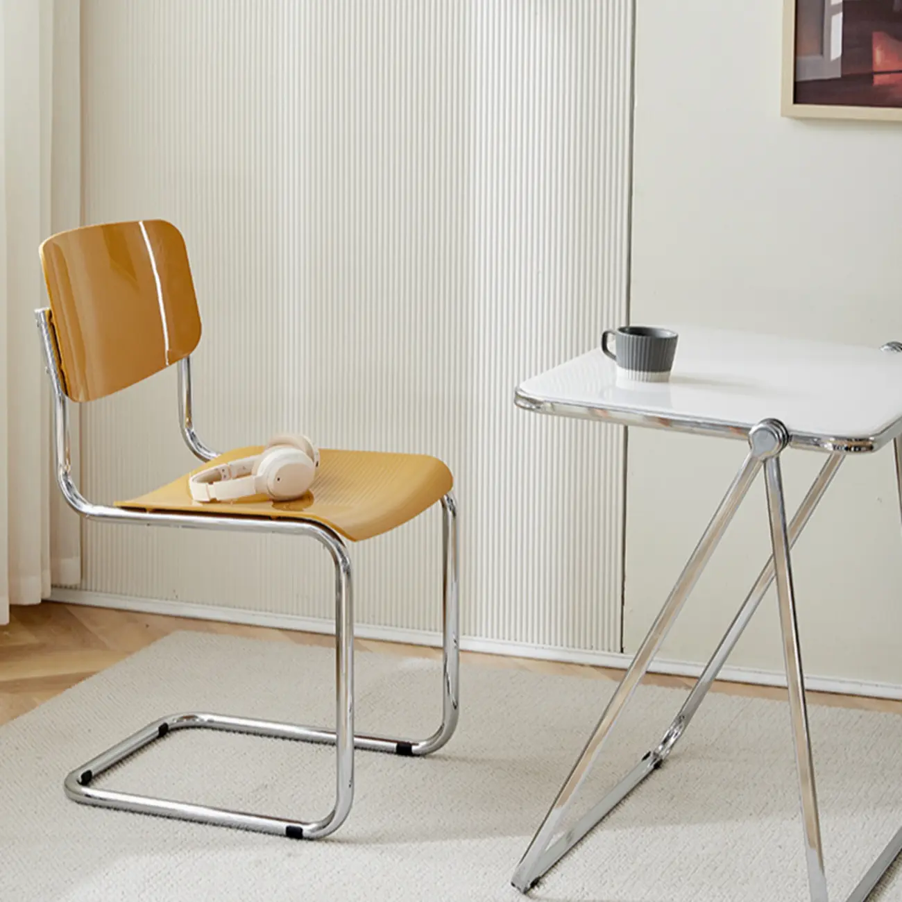 Simple Metal Armless Dining Chair in Yellow Solid Back