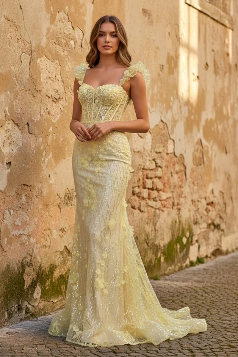 Yellow Ruffle Straps 3D Flower Mermaid Long Prom Dress