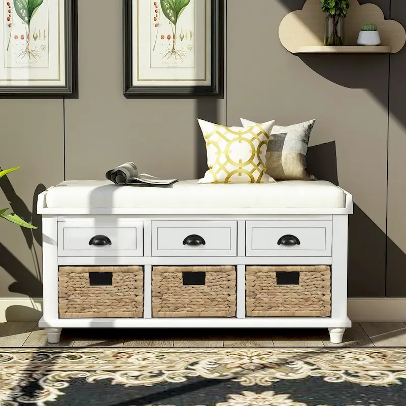 Storage Bench with 3 Drawers and 3 Wicker Baskets