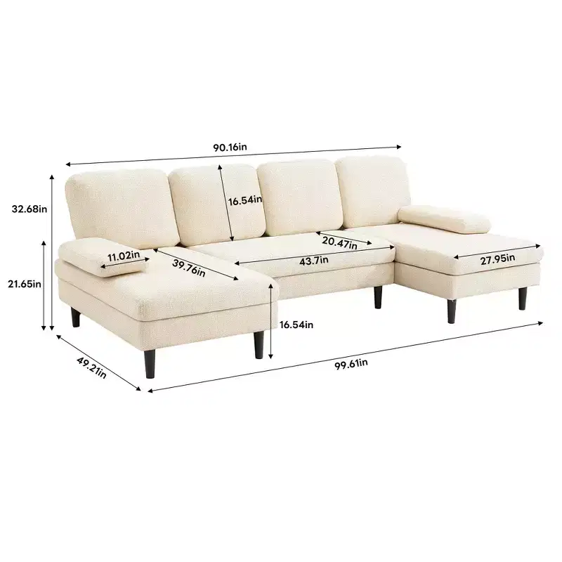 U-Shaped Combination Sofa Double Lounge Chair Chenille Fabric 4-Seat Living Room Furniture
