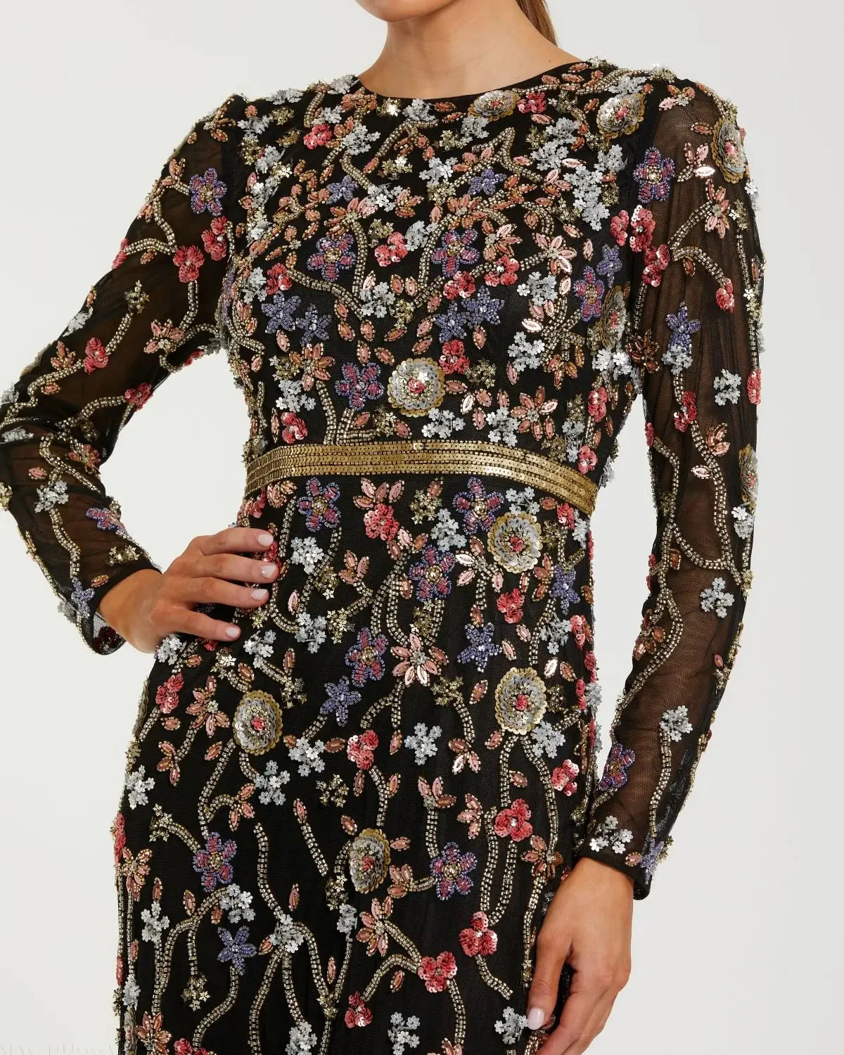 Black Embellished Mesh Long Sleeve Gown