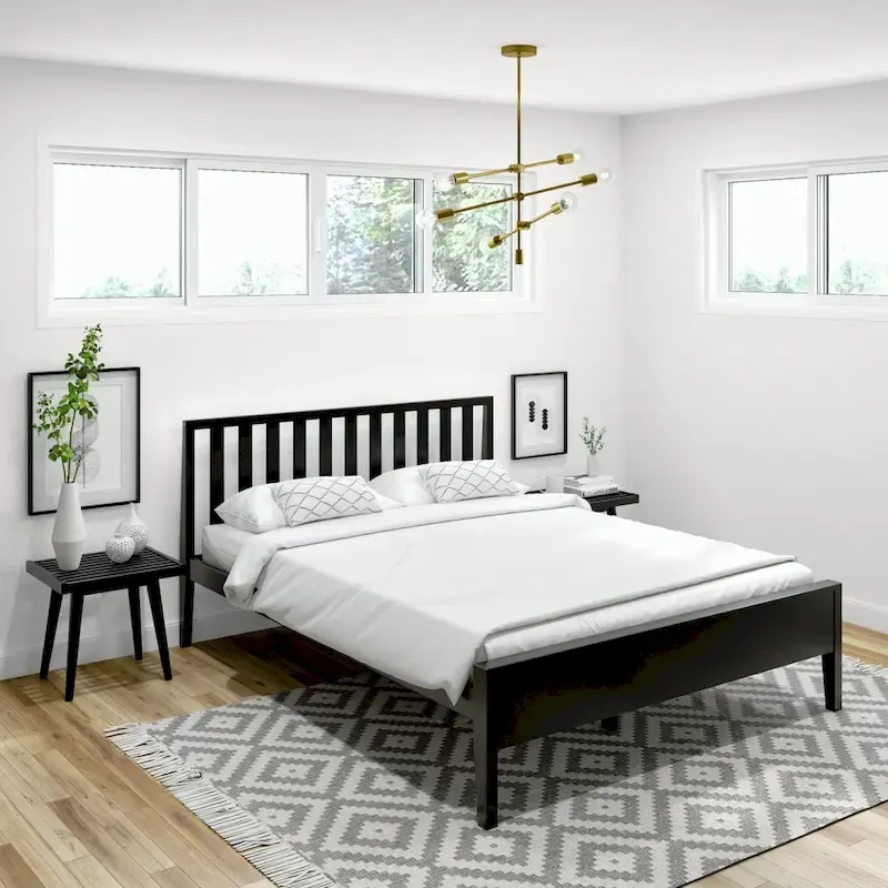 Black / Queen / 2-Person Solid Wood Bed with Slatted Headboard
