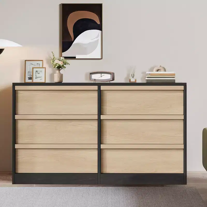 Modern Black Wood Grain Paper Double Dresser Organizer with 6 Drawers Large Storage
