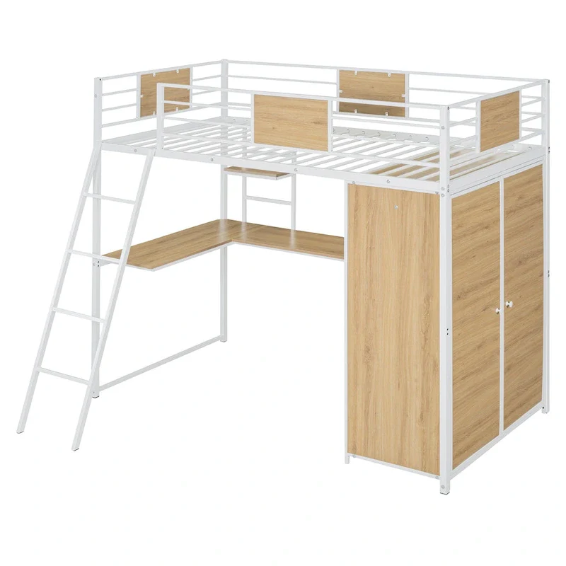 Black / White Twin Loft Bed with L-Shaped Desk, Wardrobe & Ladder – Single