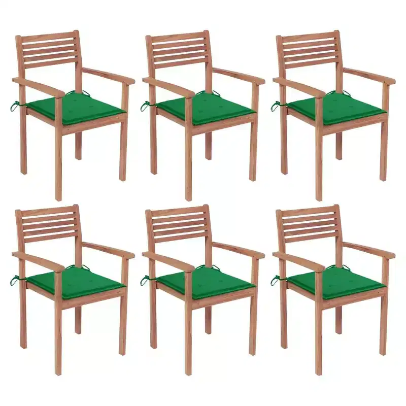 vidaXL 6X Teak Wooden Stackable Patio Chairs with Cushions, Durable, Waterproof Outdoor Garden, Timeless Design for Homes, Offices, Bars, Cafes