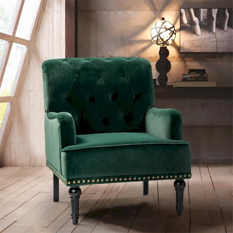 Geltrude Transitional Upholstered Button Tufted Club Chair with turned wooden Legs by HULALA HOME