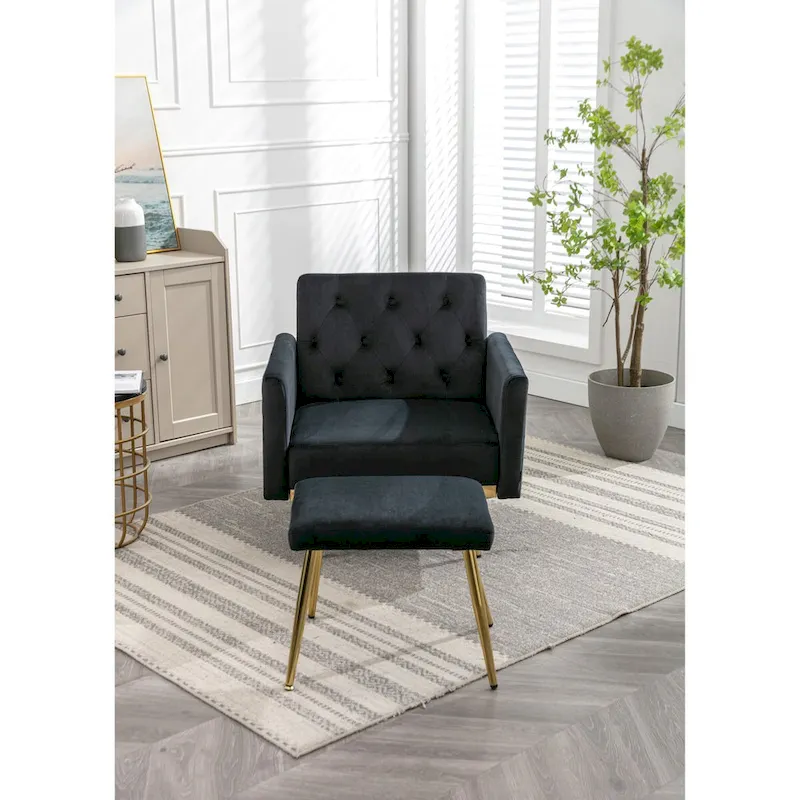 Velvet Accent Chair with Adjustable Armrests and Backrest, Button Tufted Lounge Chair, Single Recliner Armchair with Ottoman