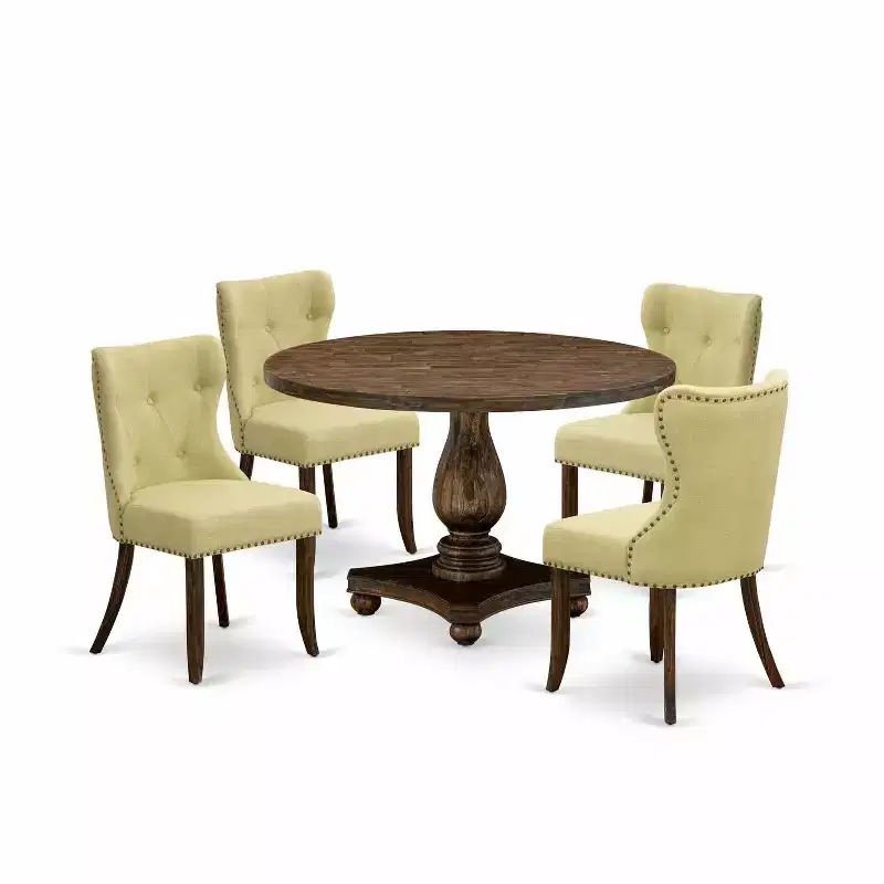 HomeStock 5-Piece Distressed Jacobean Finish Solid Wood Top Dining Table with 4 Parson Chair