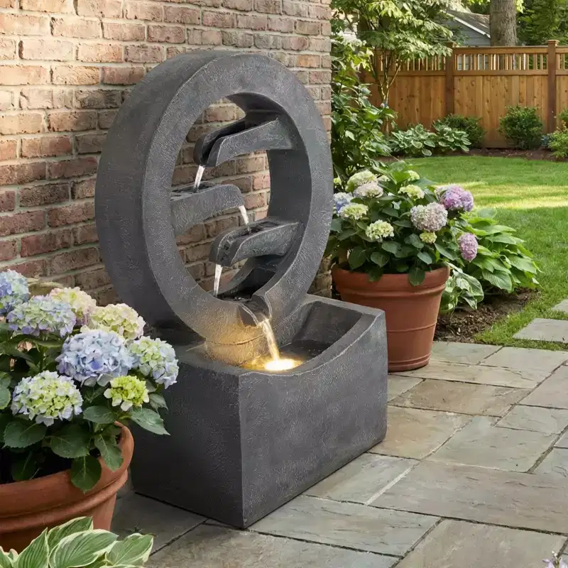 Circular Outdoor Water Fountain with LED Light, Freestanding Modern Cascading Water Feature for Patio Garden Backyard Decor, Gray - ModernLuxe