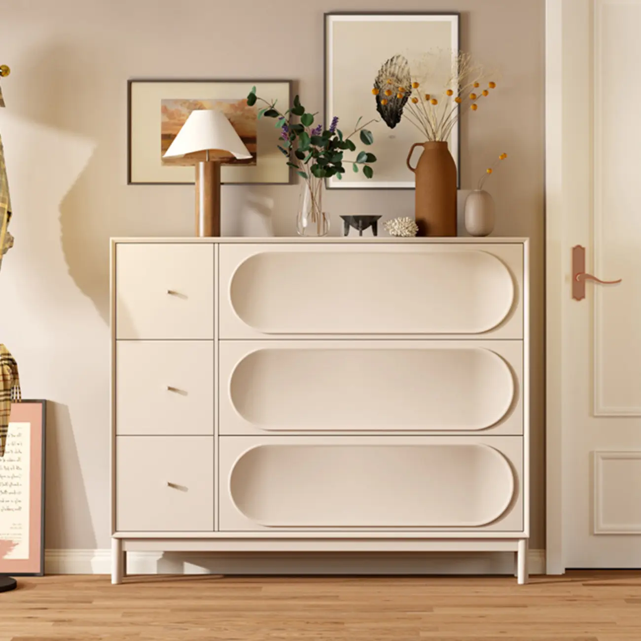 Cream Wooden Drop Front Shoe Cabinet with 3 Drawers
