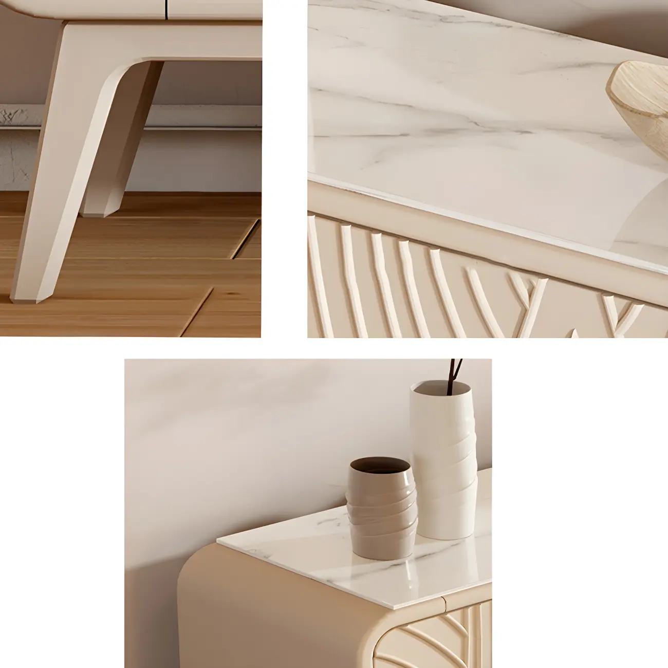 Glam White-Wood Protruding Lines Soft-Close Drawers Dresser