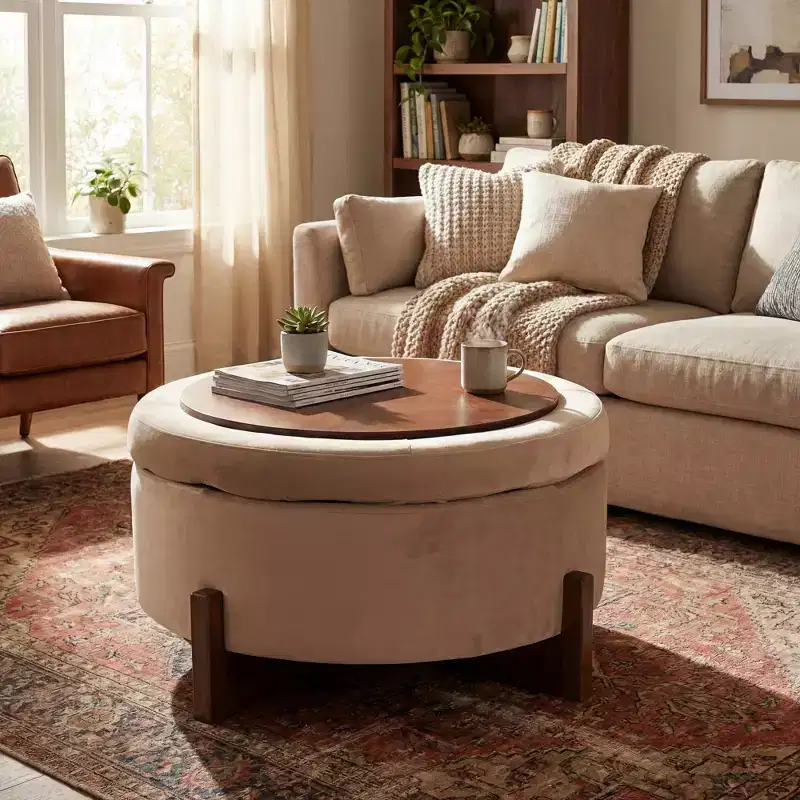 Christopher Knight Home Javier Modern Wooden Upholstered Round Storage Ottoman with Tufted Design and Reversible Lid