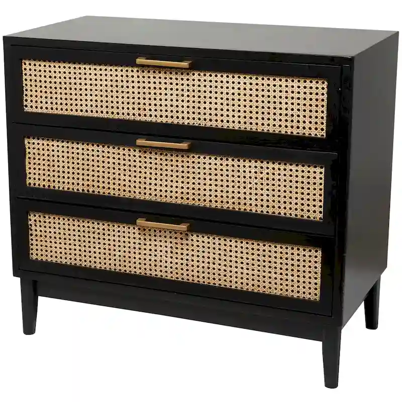 Wood 3 Drawer Cabinet with Cane Front Drawers and Gold Handles - Light Brown or Black - Roche River Decor