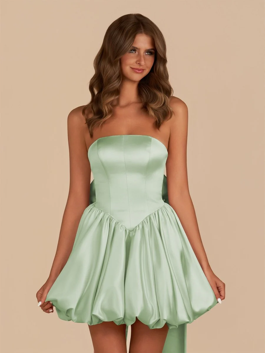 Sage Strapless Satin A-Line Short Homecoming Dress with Bow