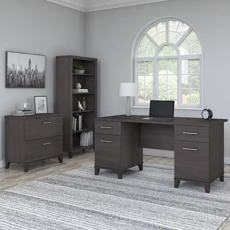 Somerset 60W Office Desk with Cabinet and 5 Shelf Bookcase