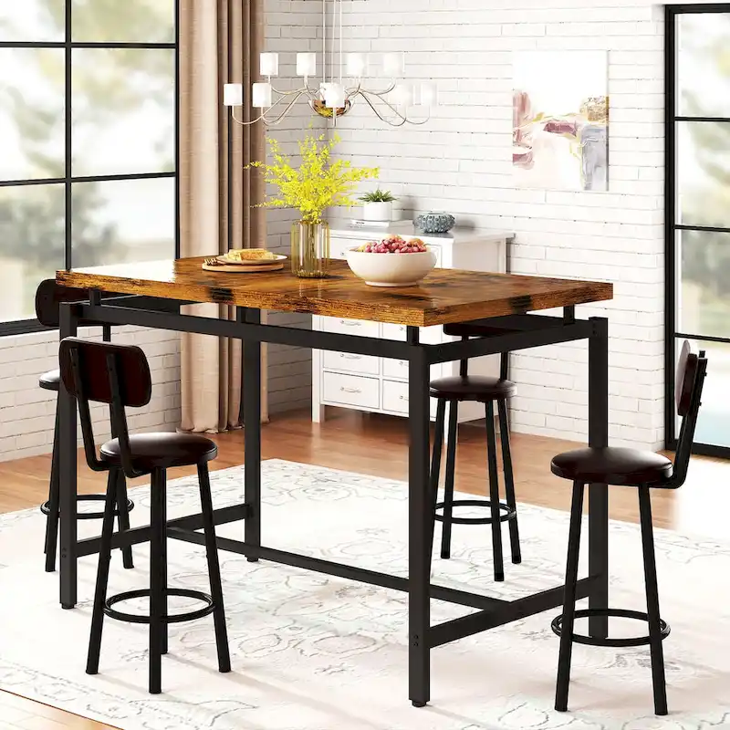 Mieres Industrial Style Rustic 5 Pieces Dining Table Set, Counter Height Dining Table with 4 Upholstered Bar Chairs