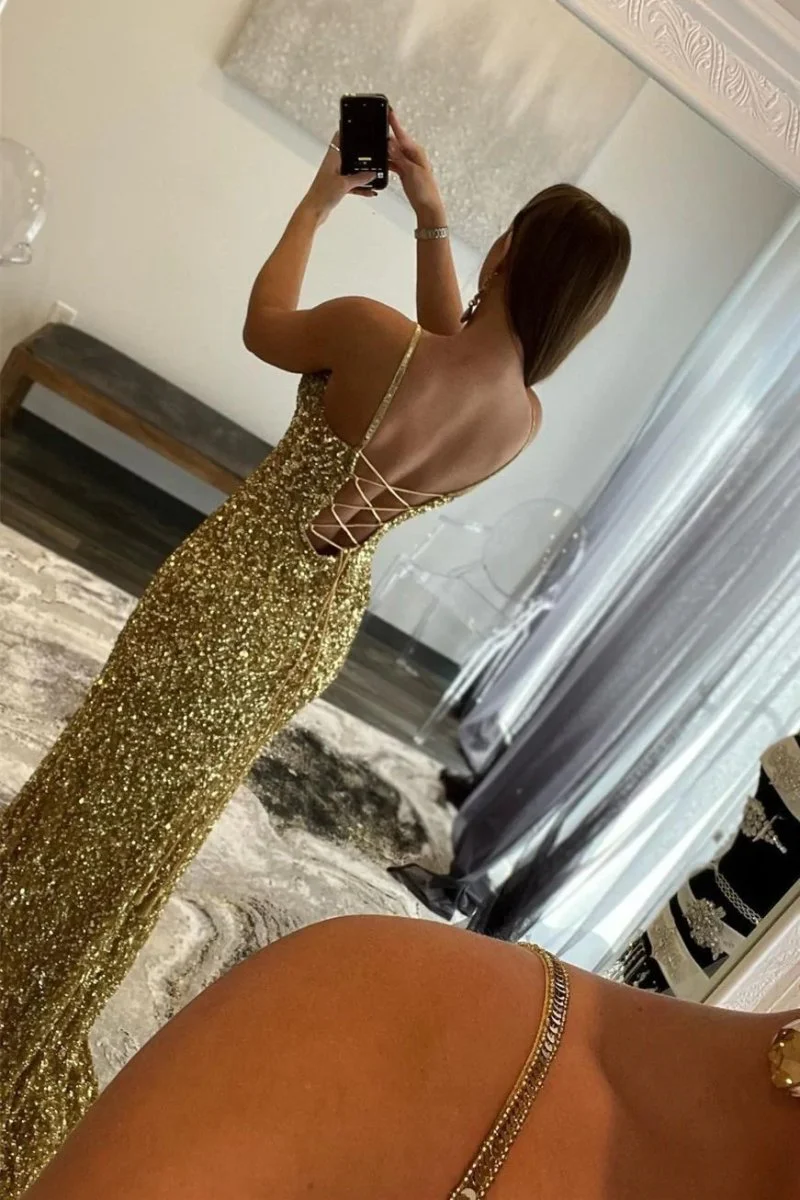  Charming Mermaid V Neck Gold Sequins Long Prom Dresses with Slit