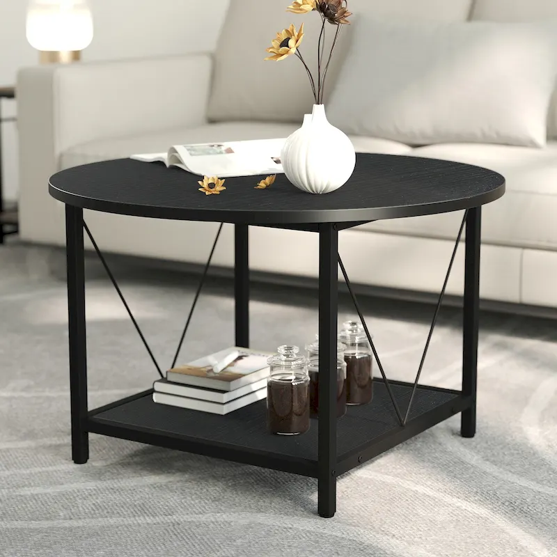 Moasis Industrial 2-Tier Round Coffee Table with Shelf
