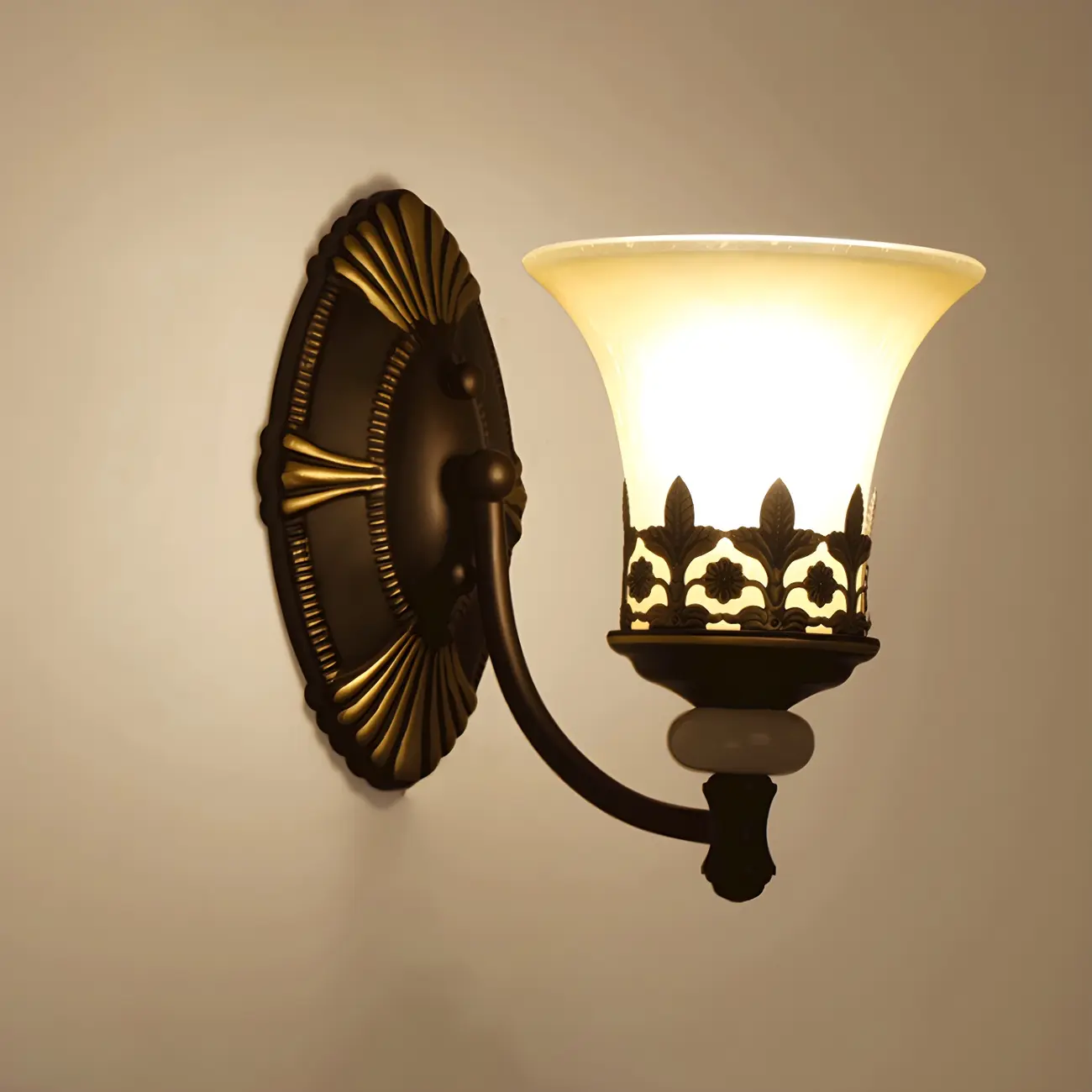 Dark Brown Metal Filigree Retro Flared Glass Wall Sconce