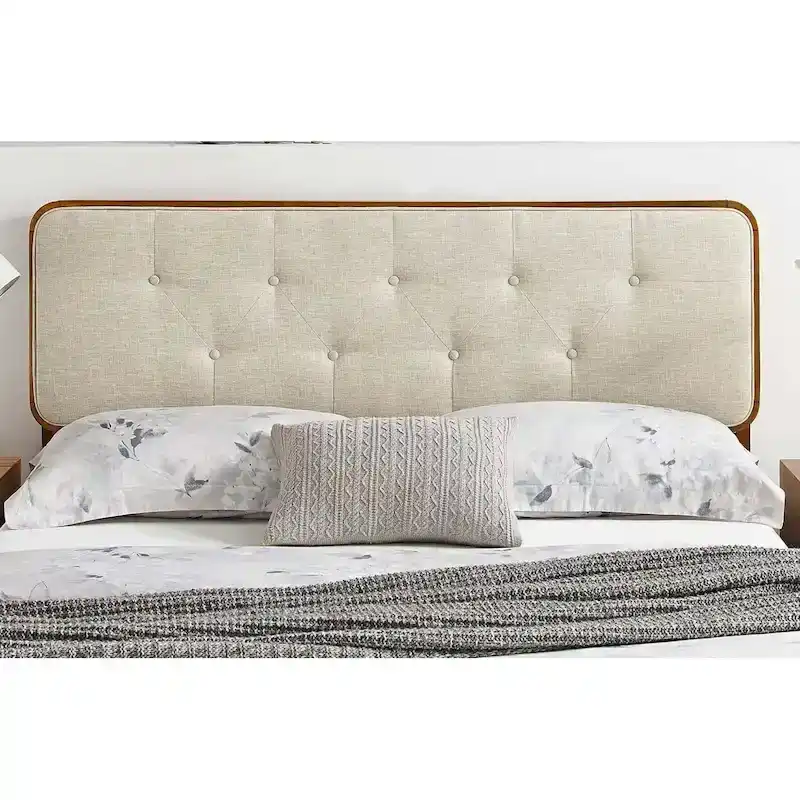 Traditional Beige Fabric Button Tufted Queen Size Walnut Wooden Headboard