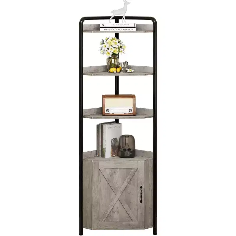 Corner Shelf, Bookcase, Standing Shelf, File Shelf, Wall Shelf, 3 Shelves and Storage Cabinet, MDF + Metal, Sonoma Grey, 60 x 42 x 180 cm