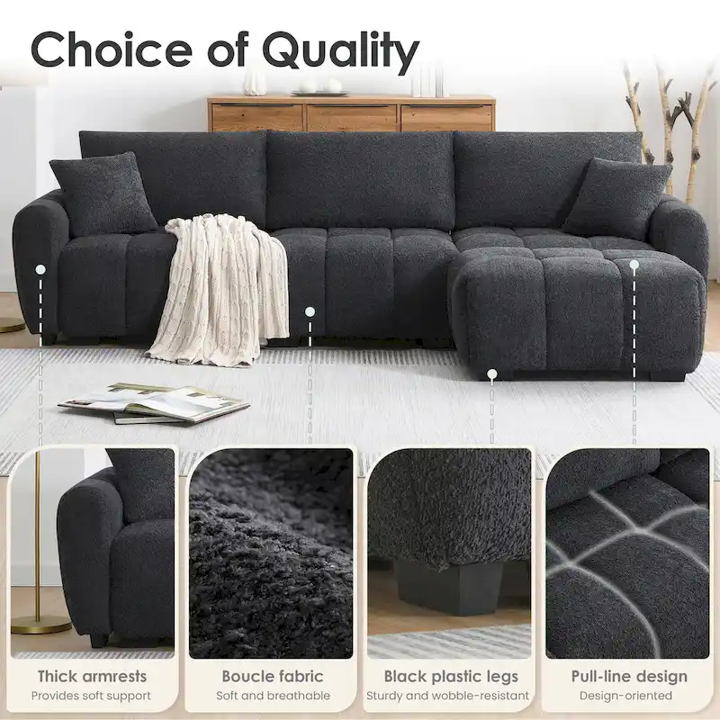 100 L-Shaped Sofa Boucle Fabric Couch with Movable Ottoman