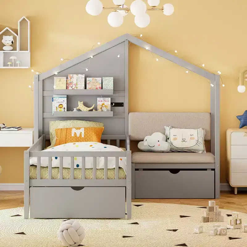 Twin Size House Bed with Upholstered Sofa, Wood House Bed Frame with Charging Station, Wireless Charging, Shelves and Drawers