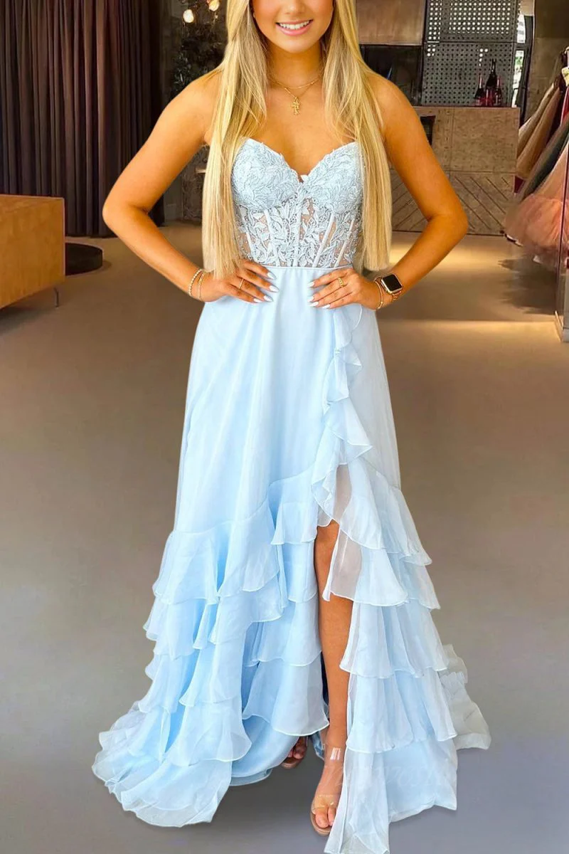 Sky Blue - Strapless Chiffon Ruffled A Line Long Prom Dresses With Appliques