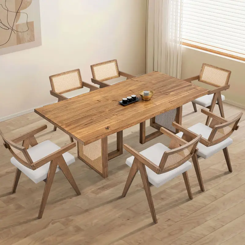 7 Piece Wooden Dining Table and Chairs Set, Rattan Kitchen Table Set with Rectangular Dining Table and 6 Chairs