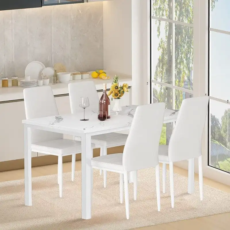 Modern 5-Piece Kitchen Dining Set, Counter Height Dinette Set with Marble Look Top and 4 Upholstered PU Leather Chairs