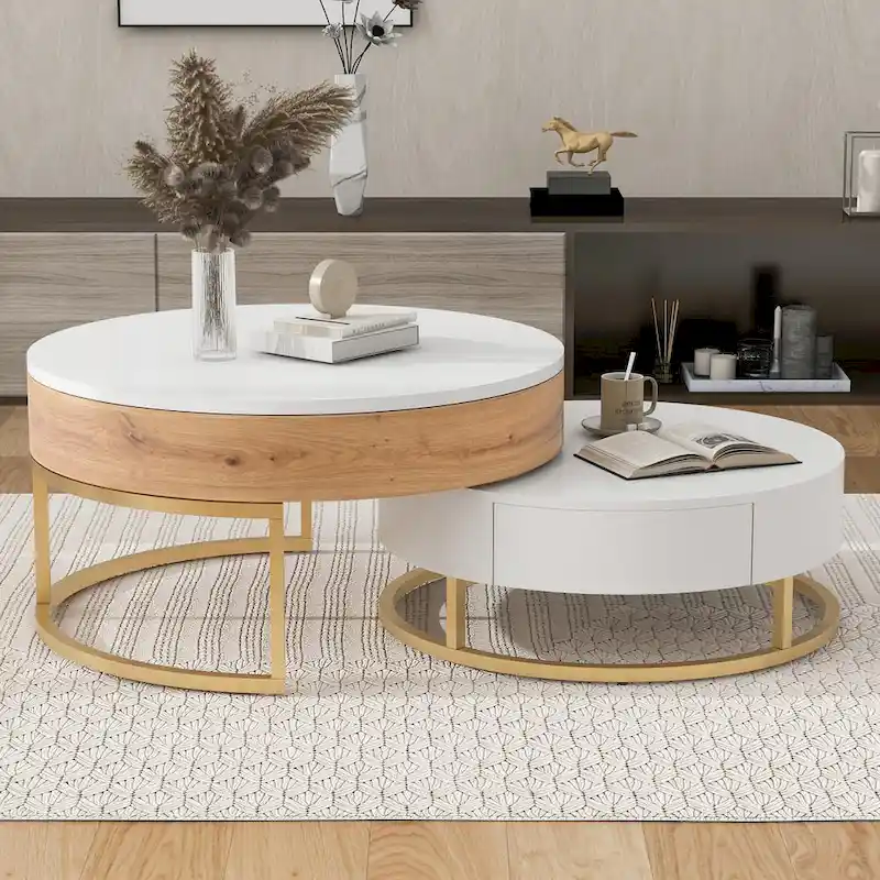 Modern Round Lift-top Nesting Coffee Tables with 2 Drawers