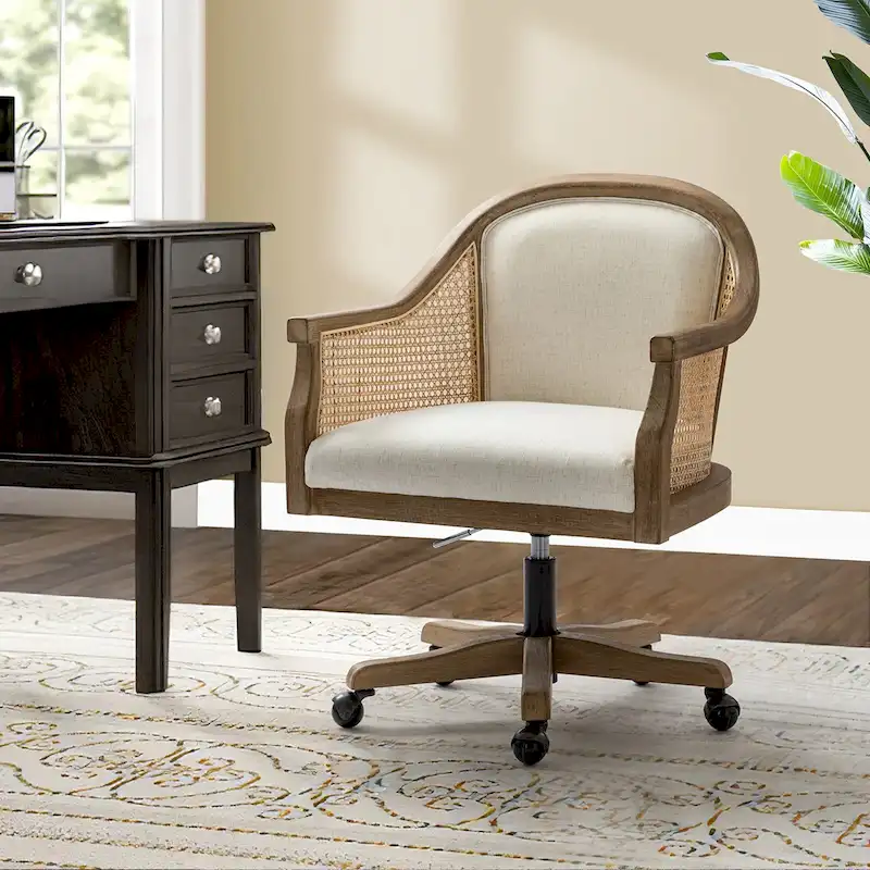 Ivory/Linen/Blue Farmhouse Rattan Swivel Desk Chair, Height Adjustable, Single Seat