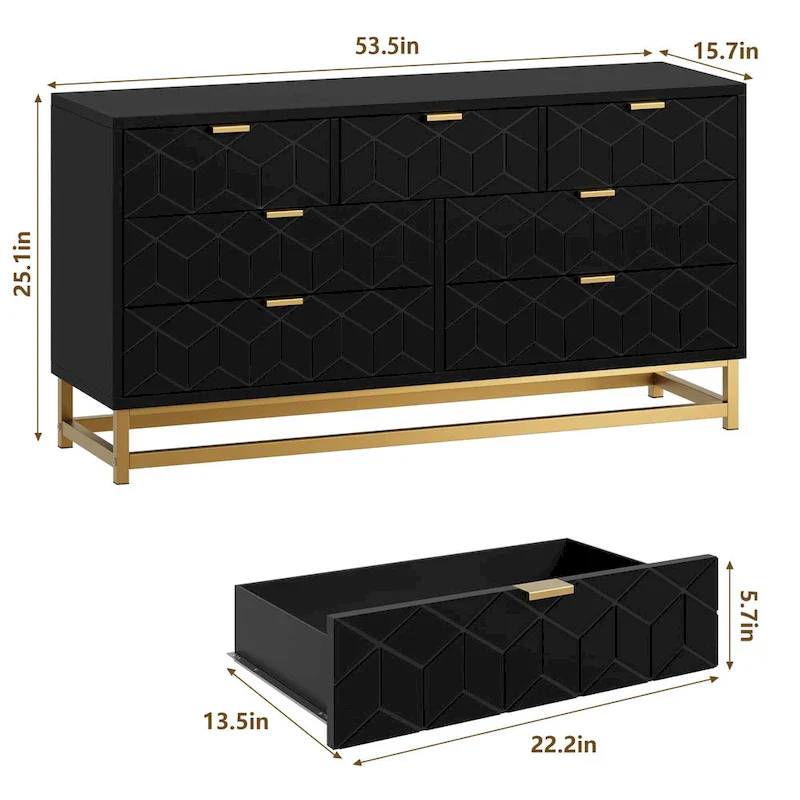 White / Black 6-Drawer Dresser with Gold Metal Legs, Single