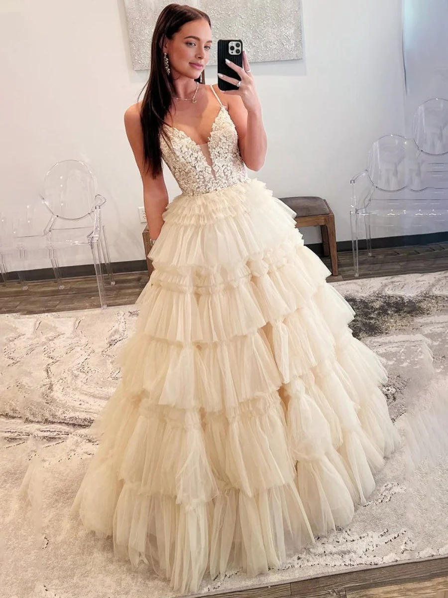 Black Beaded Spaghetti Strap Ruffle Tiered Ball Gown