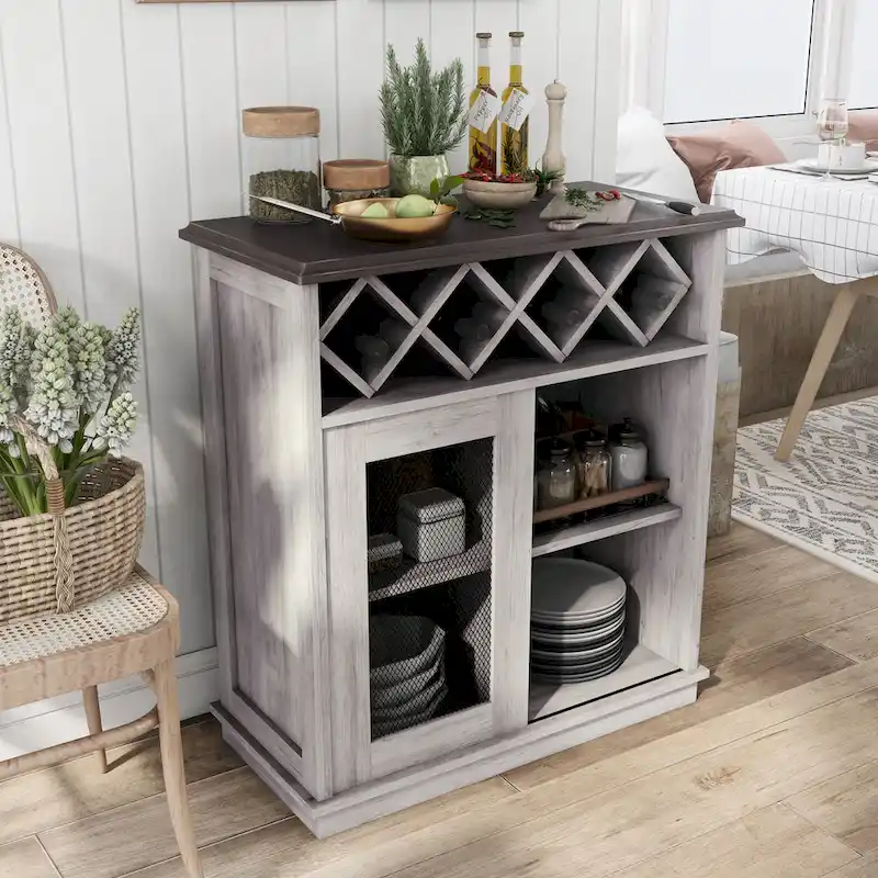 DH BASIC Farmhouse Four Shelf and Four Bottle Lattice-like Wine Buffet by Denhour