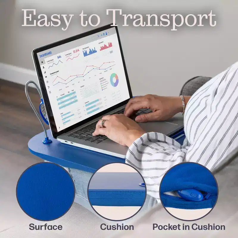 Hastings Home Portable Cushioned Lap Desk with Removable Gooseneck LED Light, Cup Holder, and Pen Slot - Blue