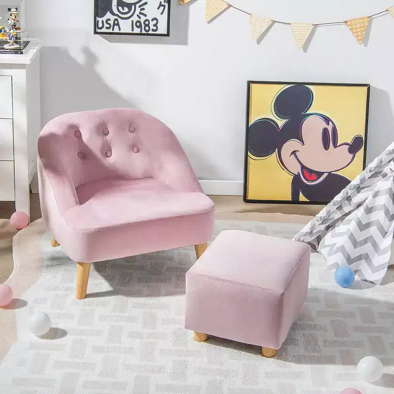 Costway Kids Sofa Chair w/ Ottoman Toddler Single Sofa Velvet Upholstered Couch Grey\Pink