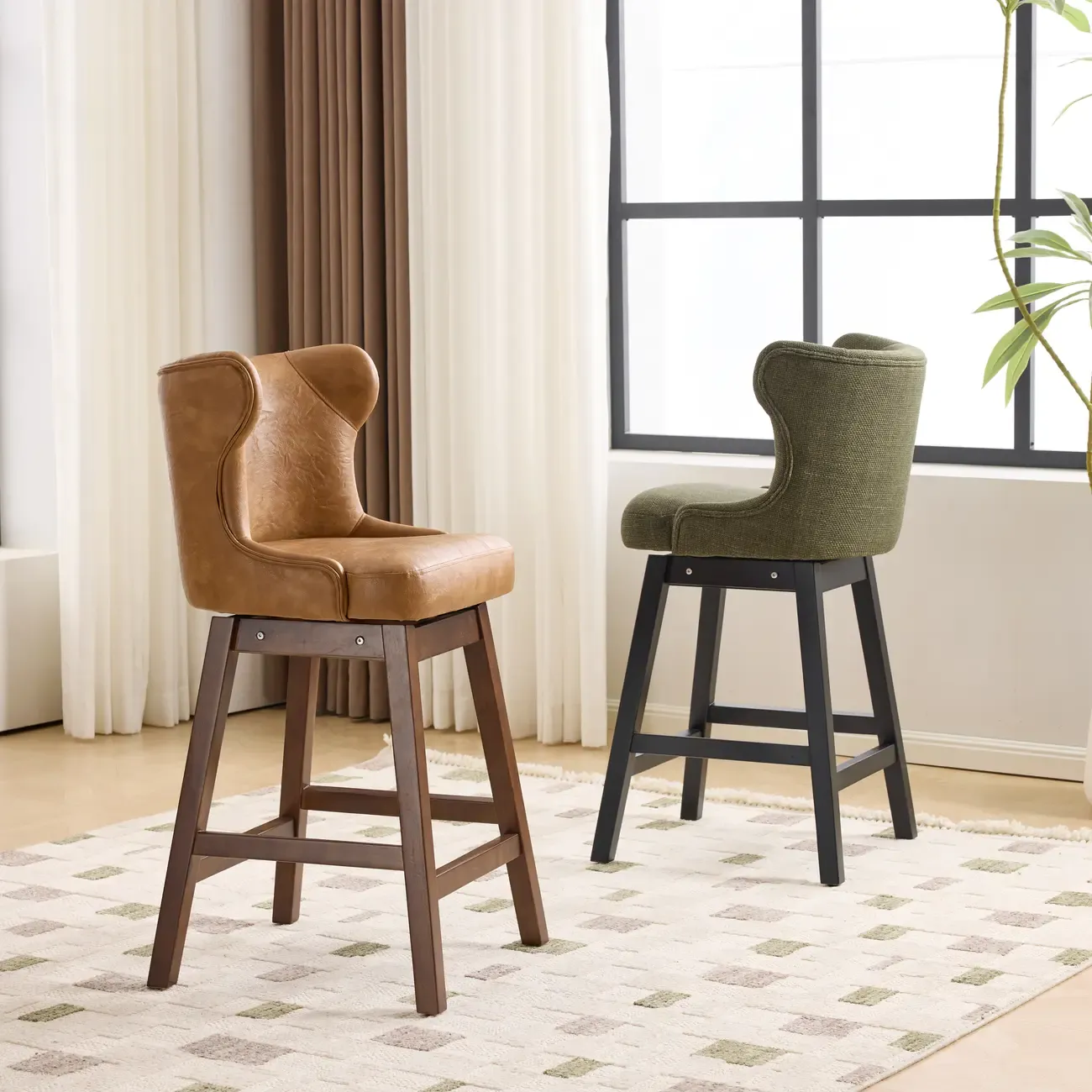 Set Of 2 Bar Height Mid-century Modern Upholstered Bar Stools