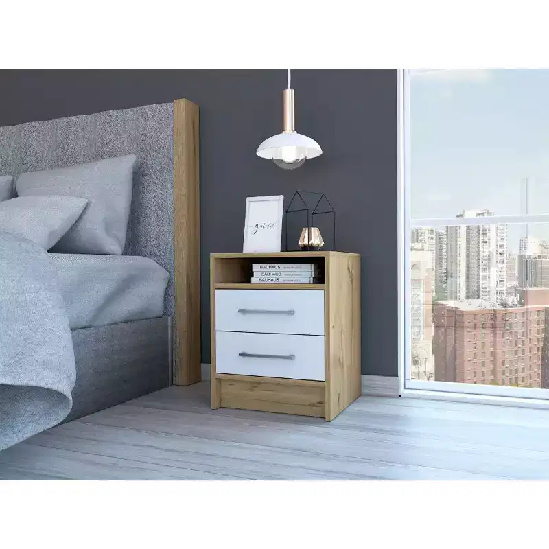 This Eter Nightstand , End Table, Side Table Superior Top, Two Drawers -White / Light Oak combines contemporary style with smart storage.