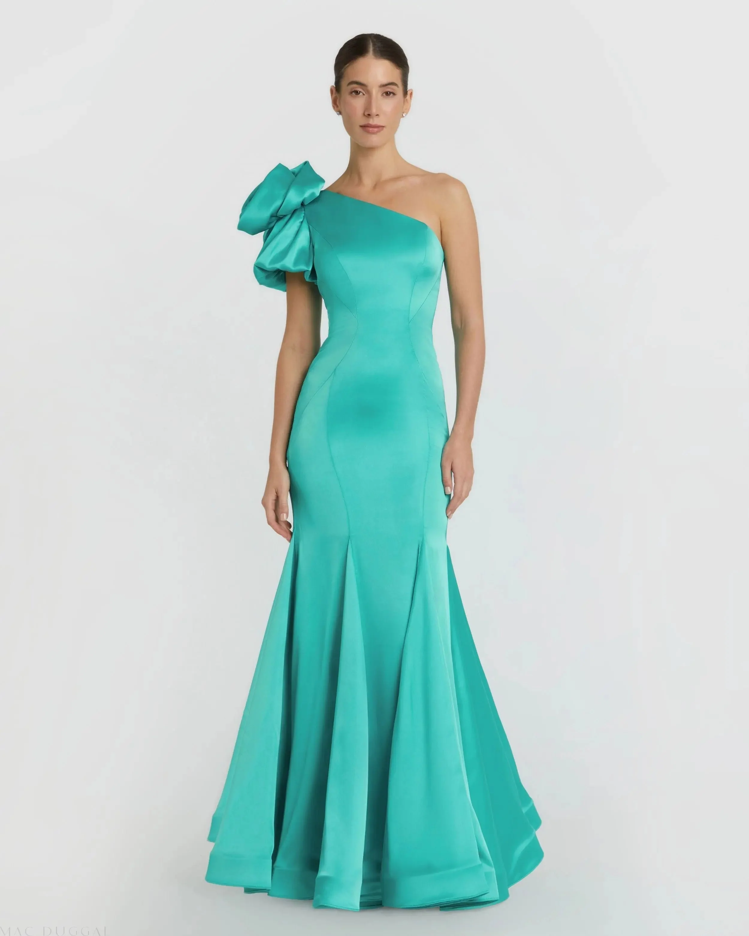 Green One Shoulder Bustier Satin Mermaid Gown