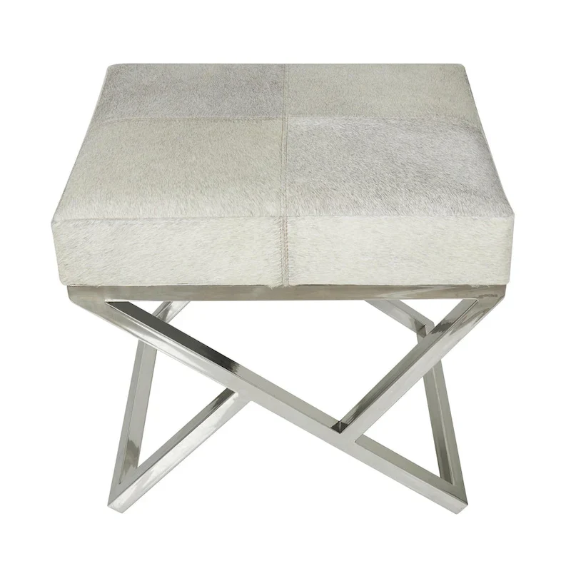 Leather Geometric Home Bench with Angled Silver Metal Base - Light Grey