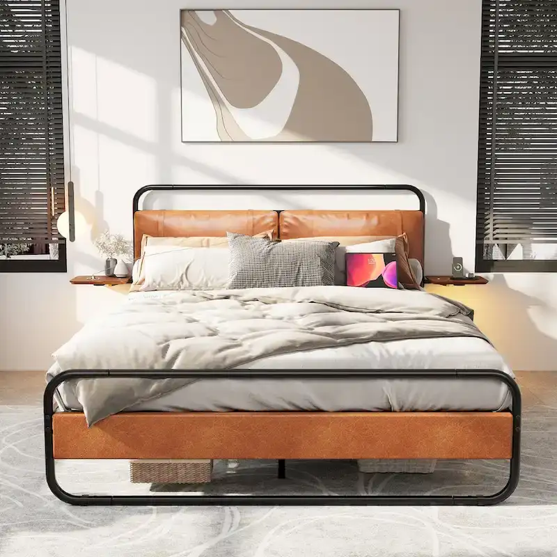 Metal Bed Frame with Upholstered Headboard, Wireless Charging and USB A & USB C & LED Light