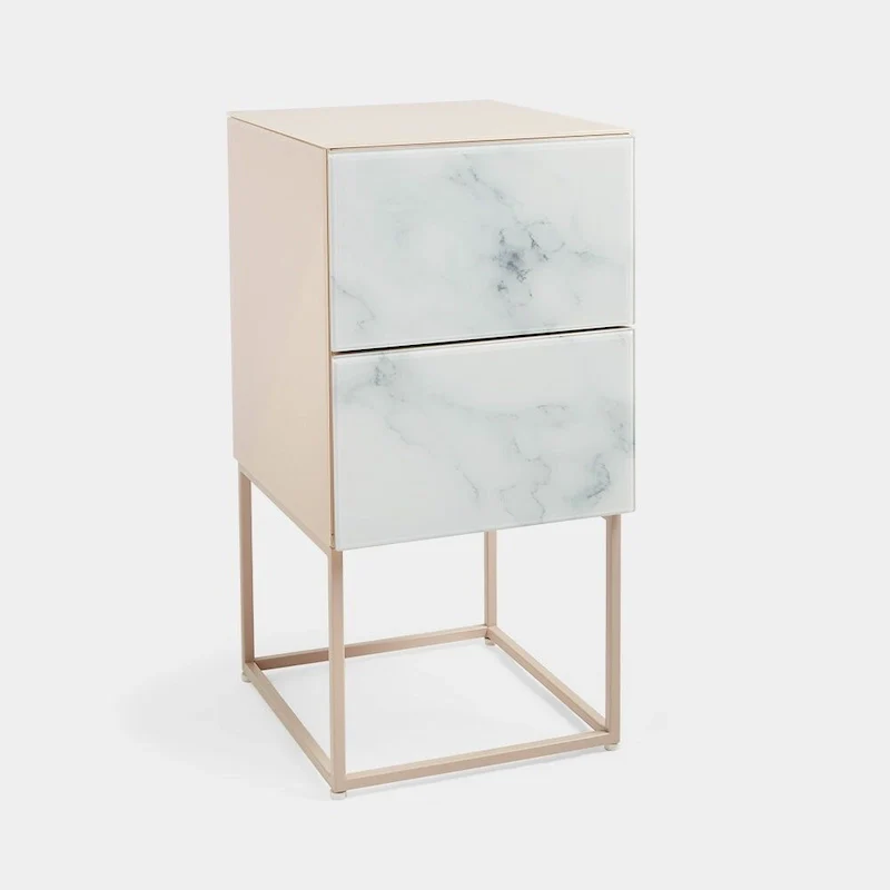 Marble Pattern Double Drawer Nightstand with Tempered Glass Top