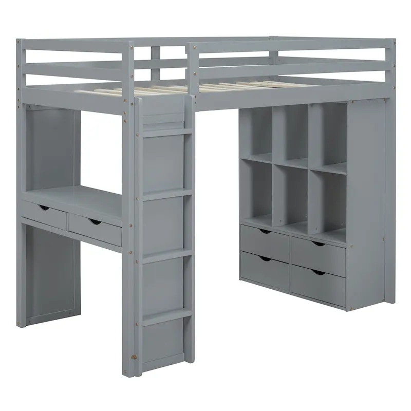 Merax Loft Bed with large shelves, writing desk and LED Light