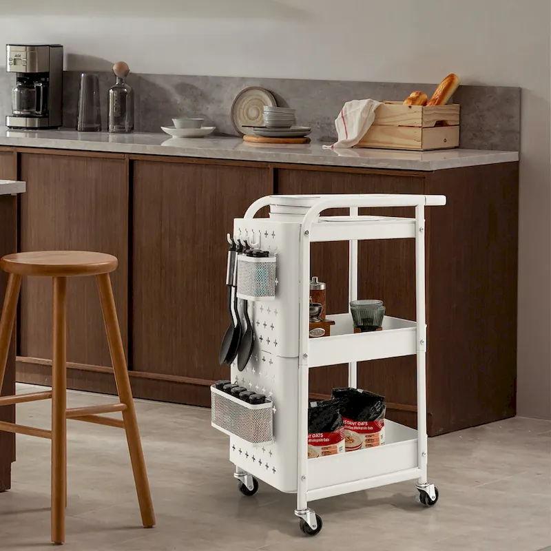Grey / White 3-Tier Rolling Carbon Steel Utility Cart with Pegboards & Locking Casters – Single