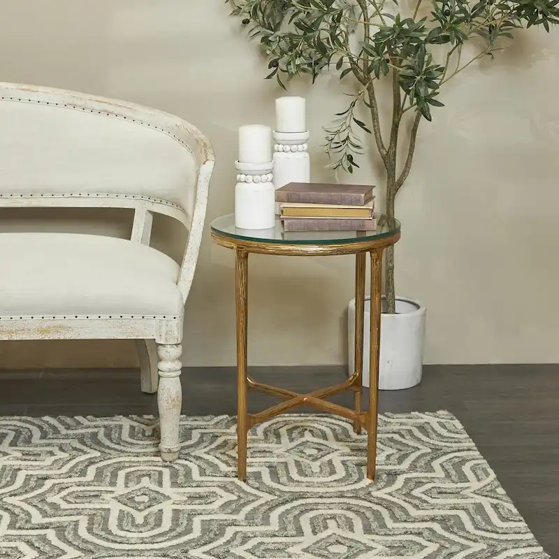 Textured Aluminum Side Table with Glass Top | Gold or Silver, Modern Living Room Accent